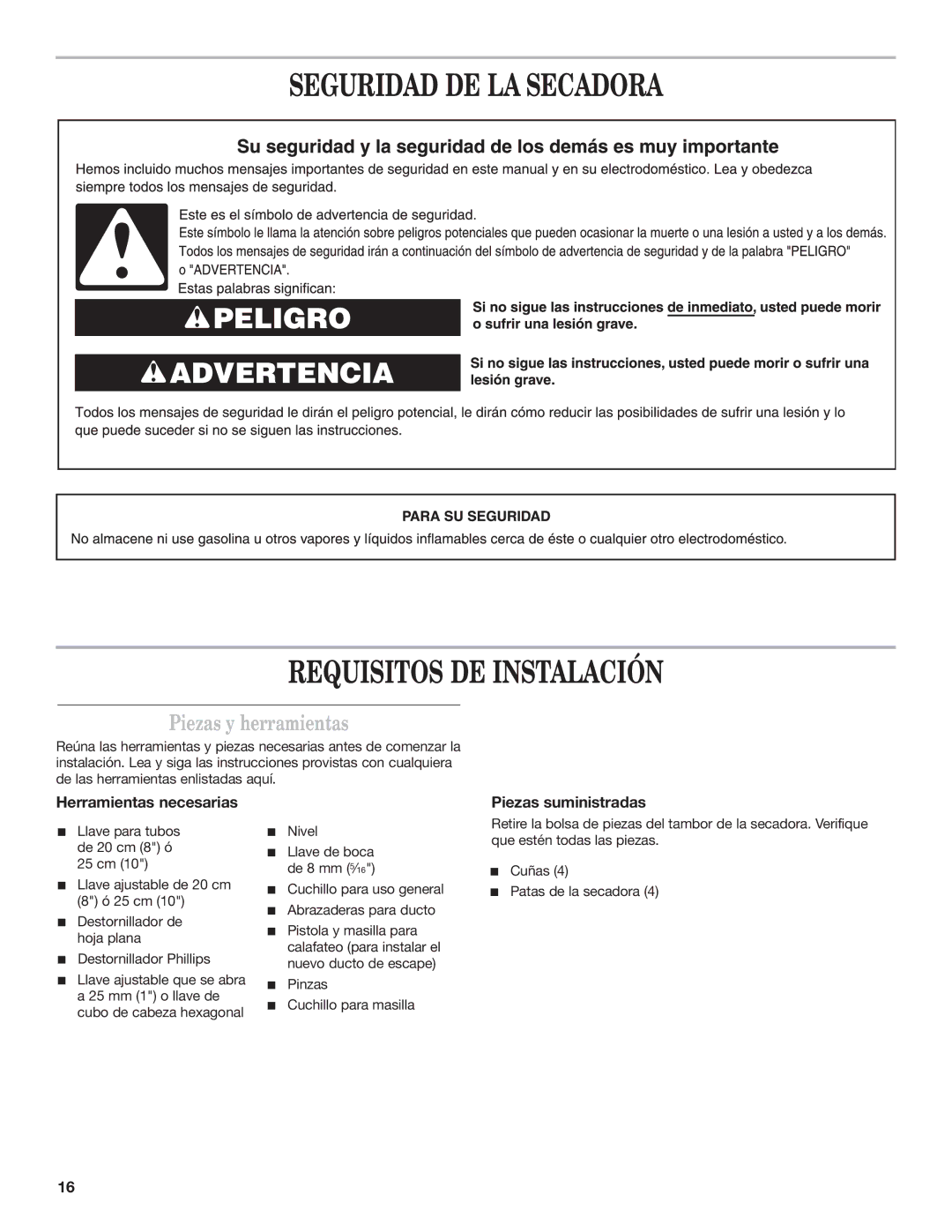 Maytag MDE17MN Seguridad DE LA Secadora Requisitos DE Instalación, Herramientas necesarias, Piezas suministradas 