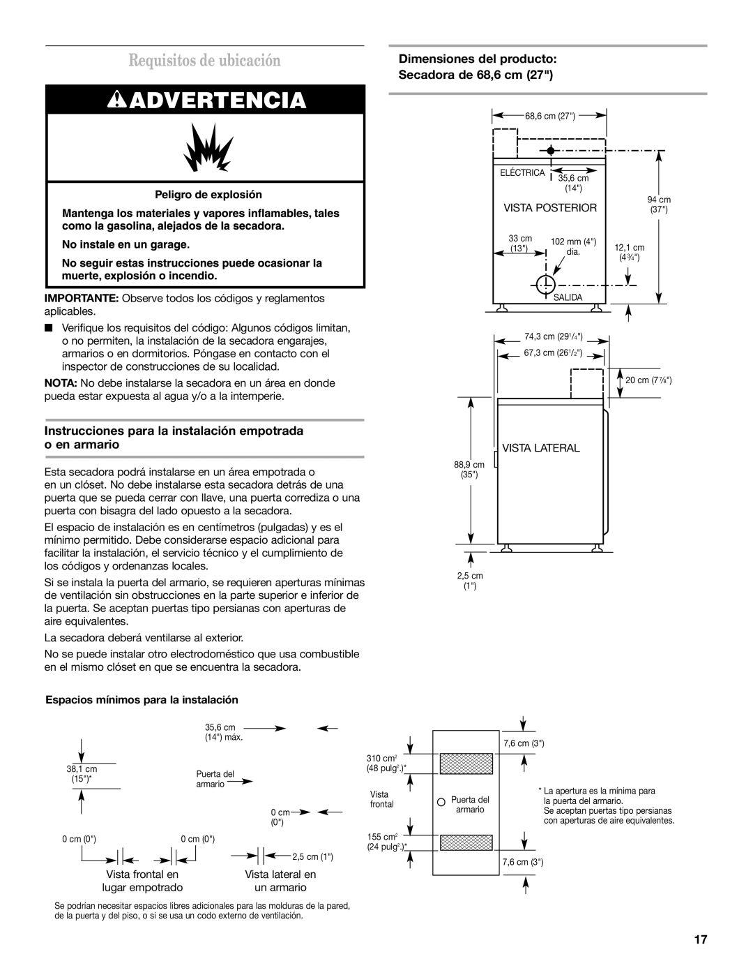 Maytag MDE17MN Dimensiones del producto Secadora de 68,6 cm, Instrucciones para la instalación empotrada o en armario 