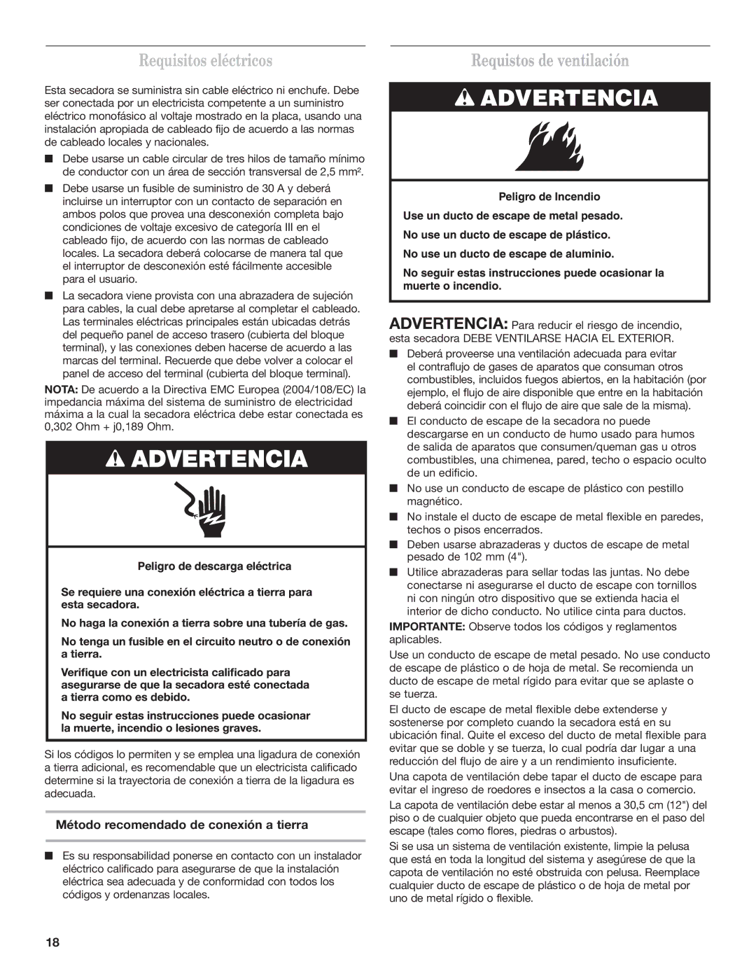 Maytag MDE17MN installation instructions Requisitos eléctricos, Método recomendado de conexión a tierra 