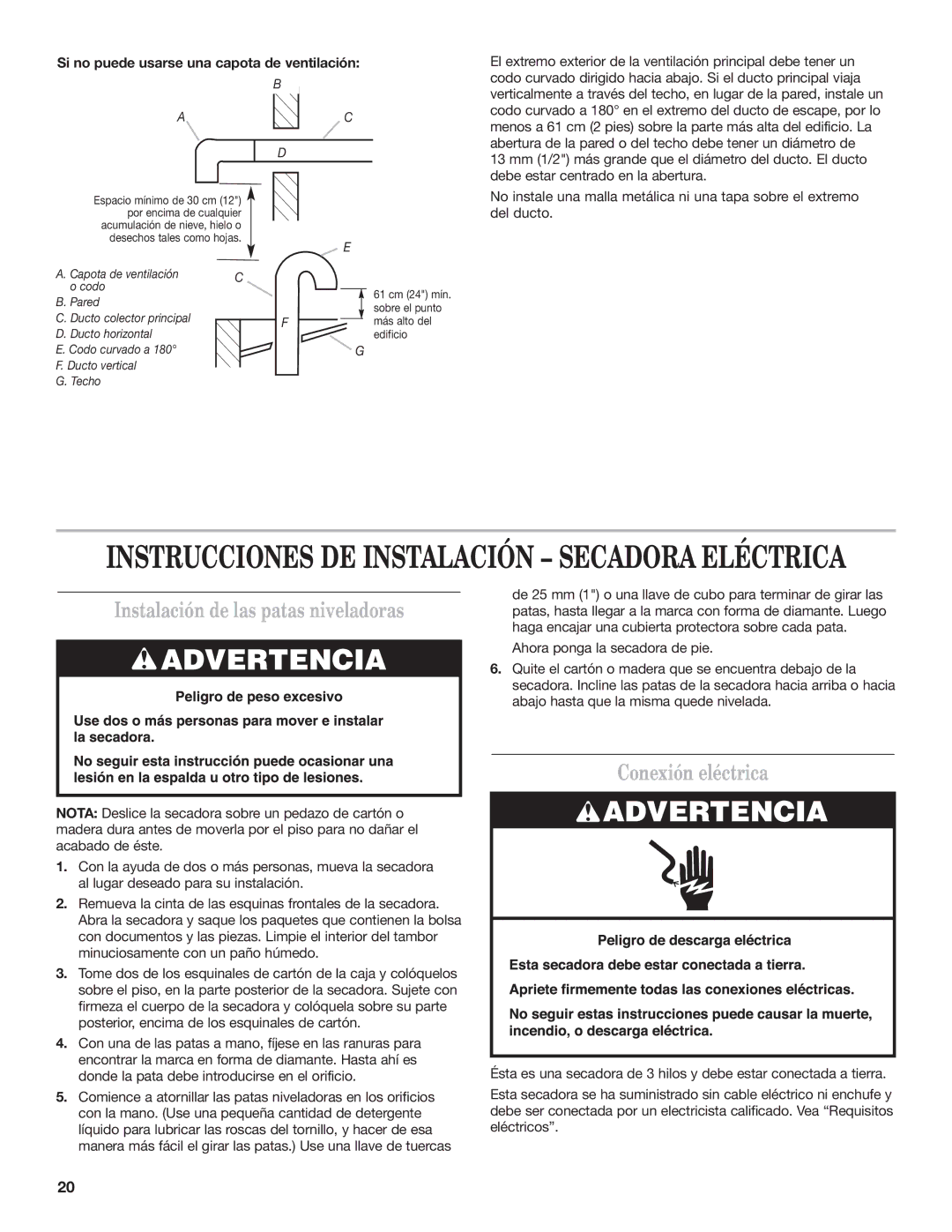 Maytag MDE17MN Instalación de las patas niveladoras, Conexión eléctrica, Si no puede usarse una capota de ventilación 