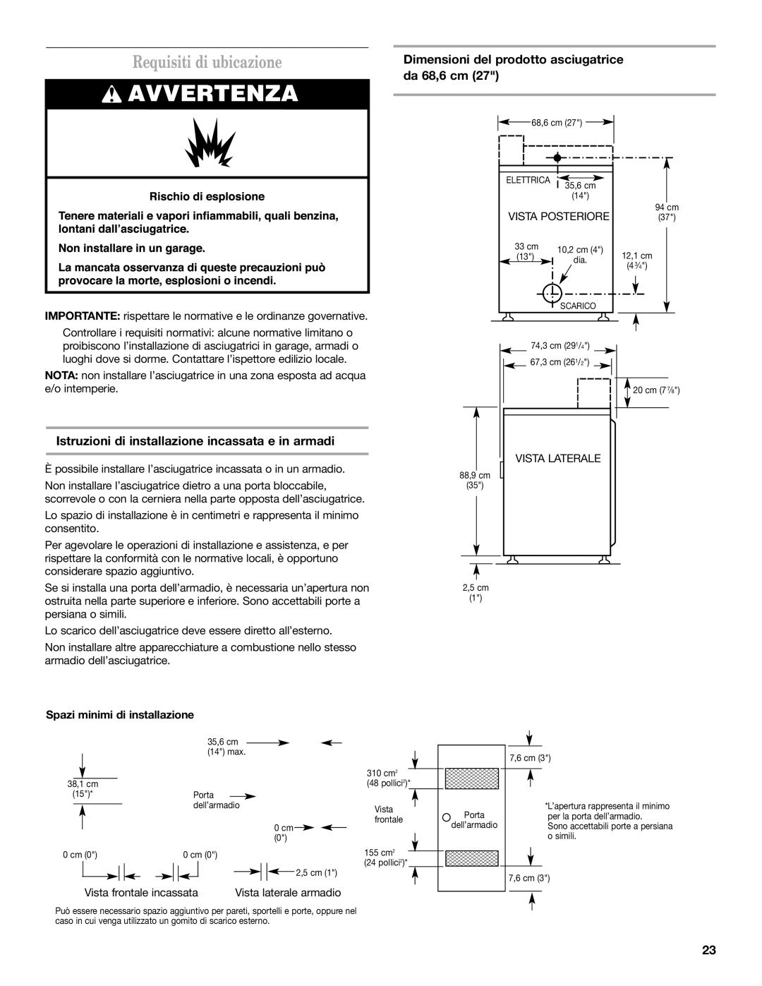 Maytag MDE17MN Requisiti di ubicazione, Dimensioni del prodotto asciugatrice da 68,6 cm, Spazi minimi di installazione 