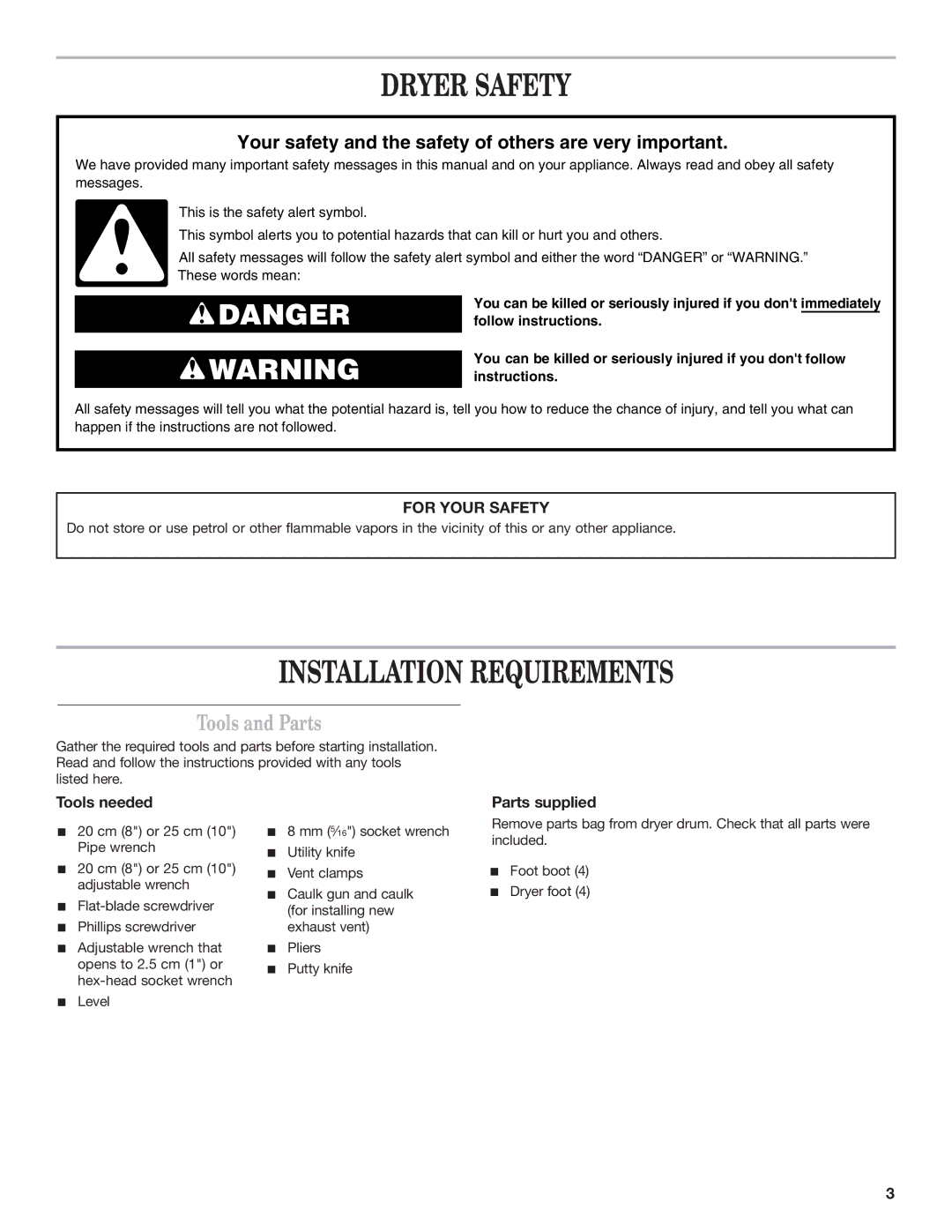 Maytag MDE17MN Dryer Safety, Installation Requirements, Tools and Parts, Tools needed, Parts supplied 