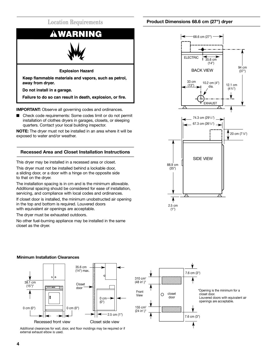 Maytag MDE17MN Location Requirements, Product Dimensions 68.6 cm 27 dryer, Minimum Installation Clearances 