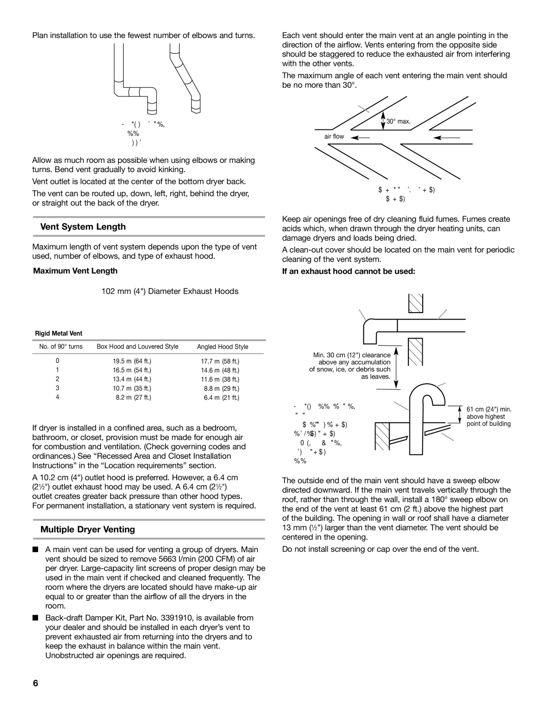 Maytag MDE17MN Vent System Length, Multiple Dryer Venting, Maximum Vent Length, 102 mm 4 Diameter Exhaust Hoods 