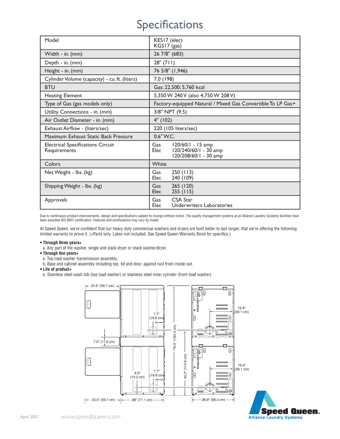 Maytag MDE22PRAYW warranty Specifications 