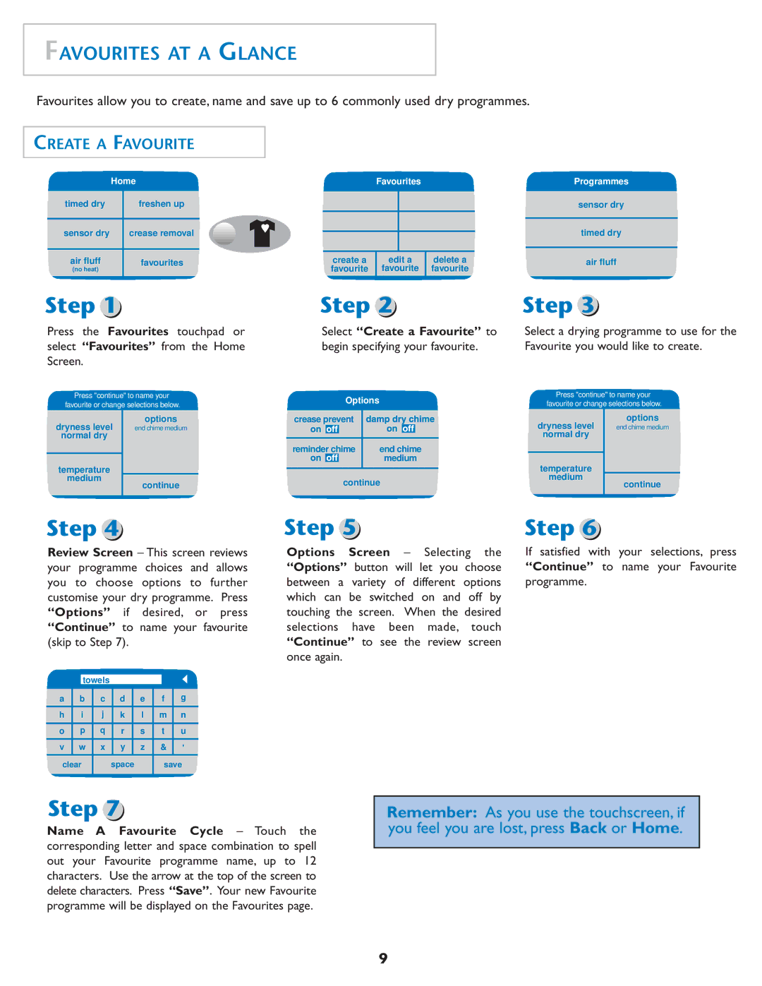 Maytag MDE7550AGW important safety instructions Favourites AT a Glance, Select Create a Favourite to, Programmes 