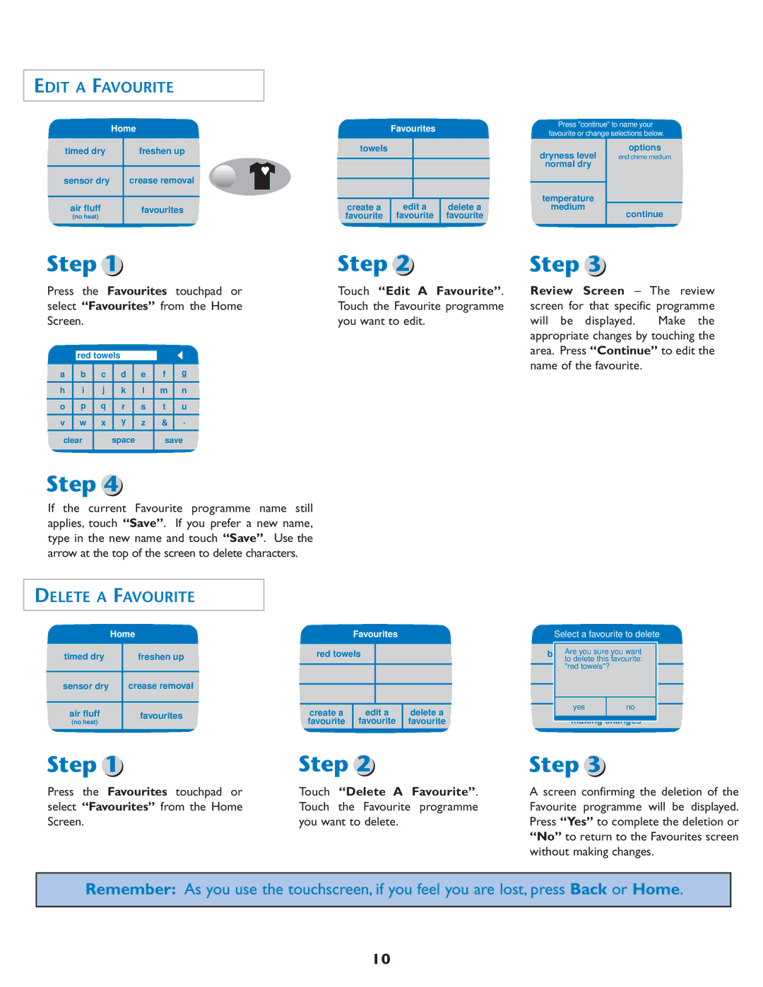 Maytag MDE7550AGW important safety instructions Edit a Favourite, Touch Delete a Favourite 