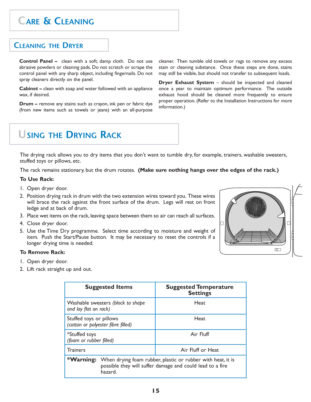 Maytag MDE7550AGW important safety instructions Care & Cleaning, Using the Drying Rack, Cleaning the Dryer 