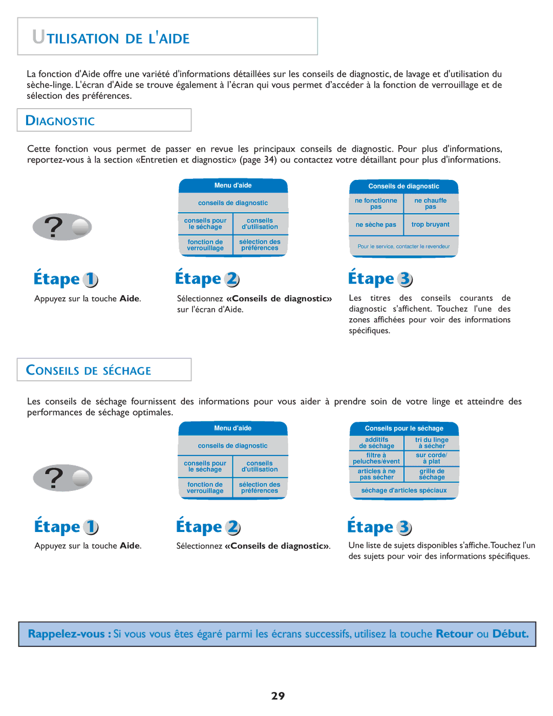 Maytag MDE7550AGW Utilisation DE Laide, Diagnostic, Conseils DE Séchage, Sélectionnez «Conseils de diagnostic» 