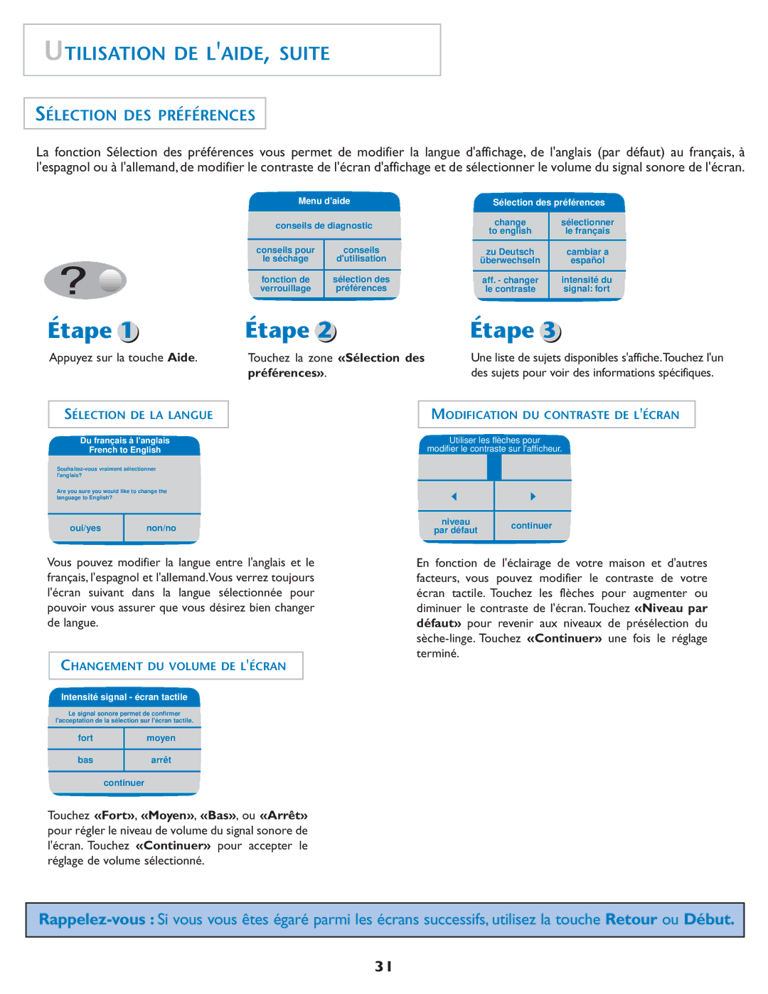 Maytag MDE7550AGW Utilisation DE LAIDE, Suite, Sélection DES Préférences, Sélection des préférences 