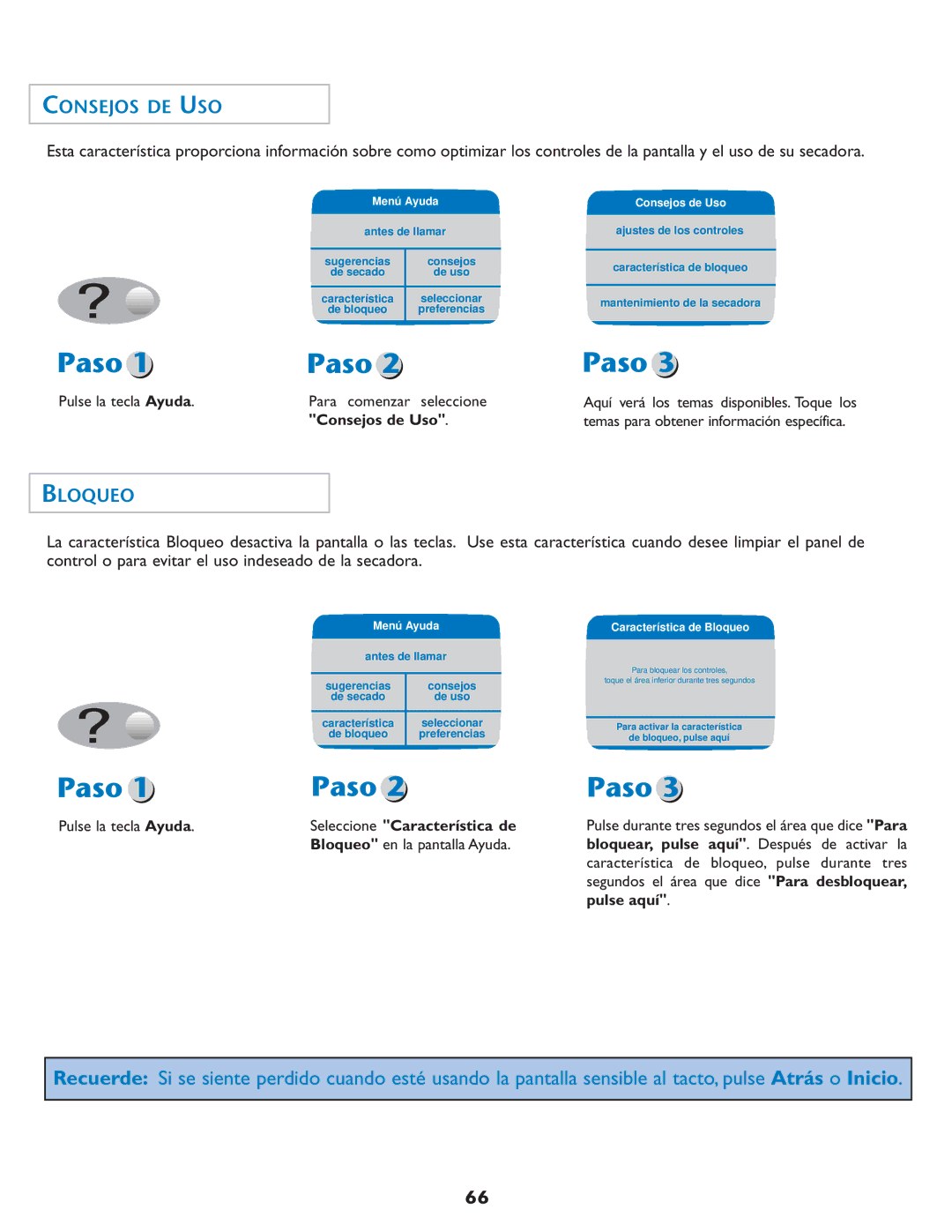 Maytag MDE7550AGW important safety instructions Consejos DE USO, Bloqueo, Consejos de Uso, Pulse aquí 