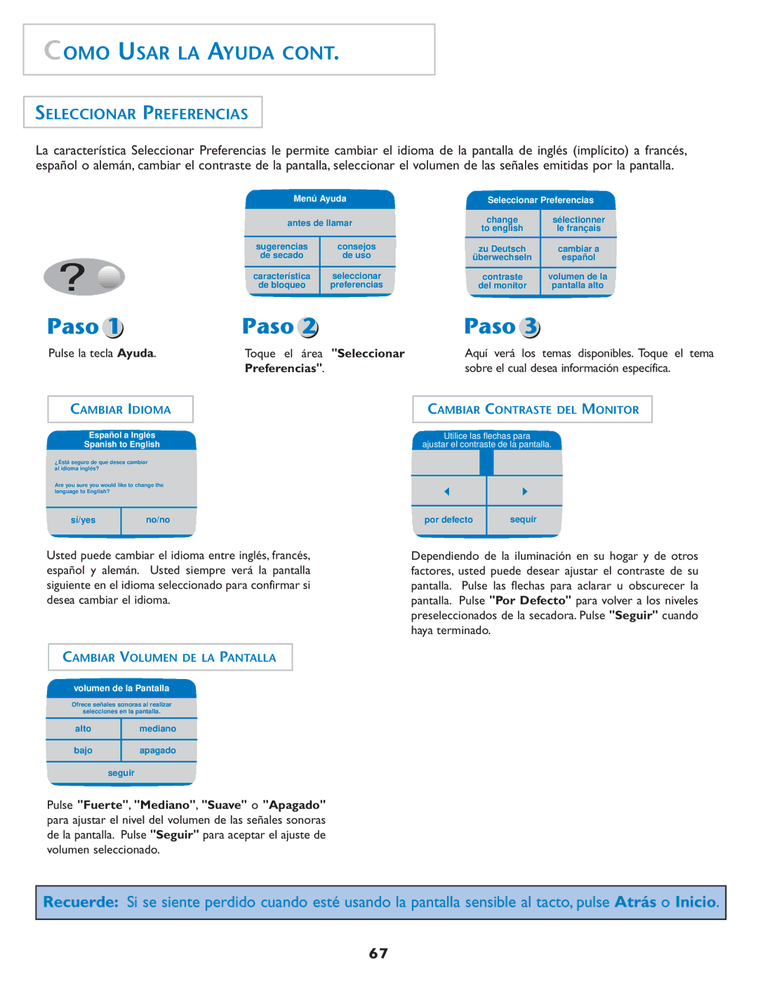 Maytag MDE7550AGW important safety instructions Seleccionar Preferencias, Volumen de la Pantalla 