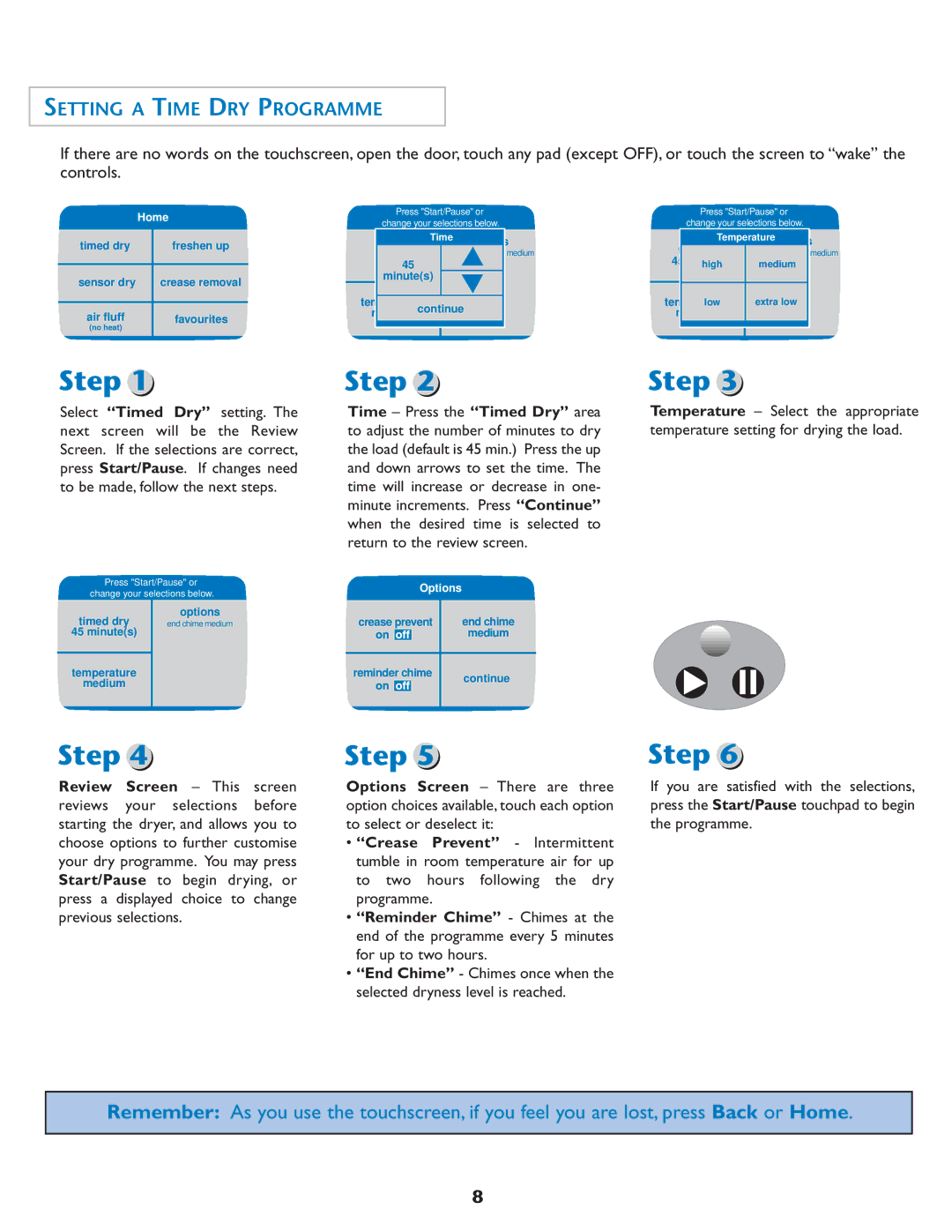 Maytag MDE7550AGW important safety instructions Setting a Time DRY Programme, Options 