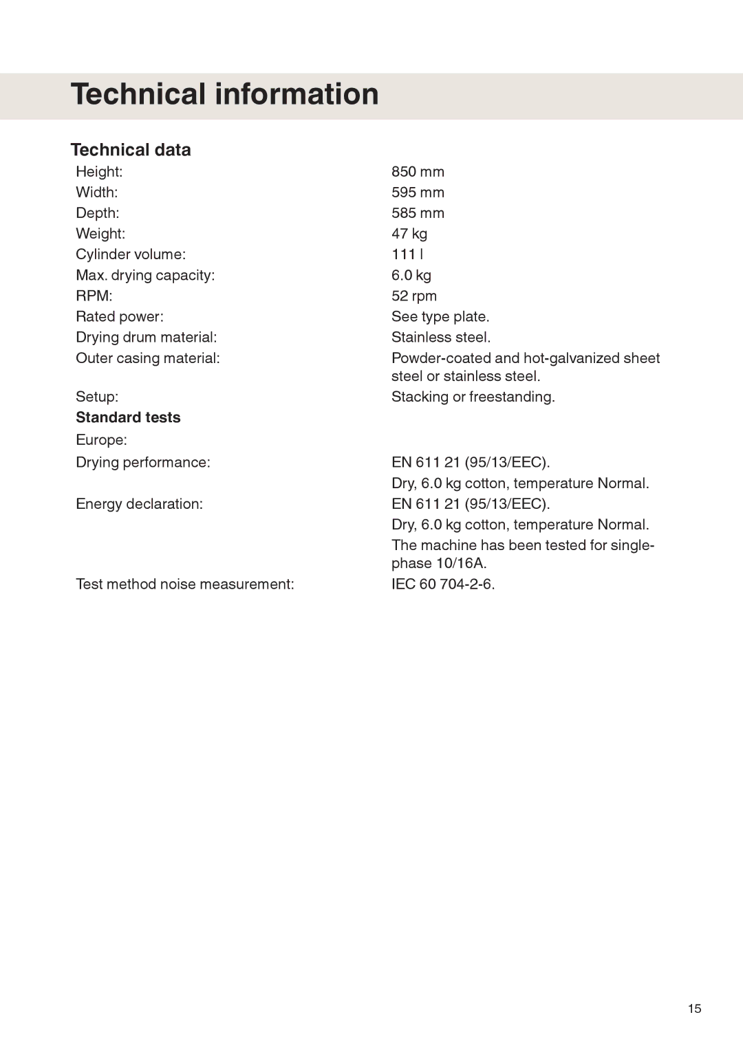 Maytag MDE9601 operating instructions Technical information, Technical data, Standard tests 