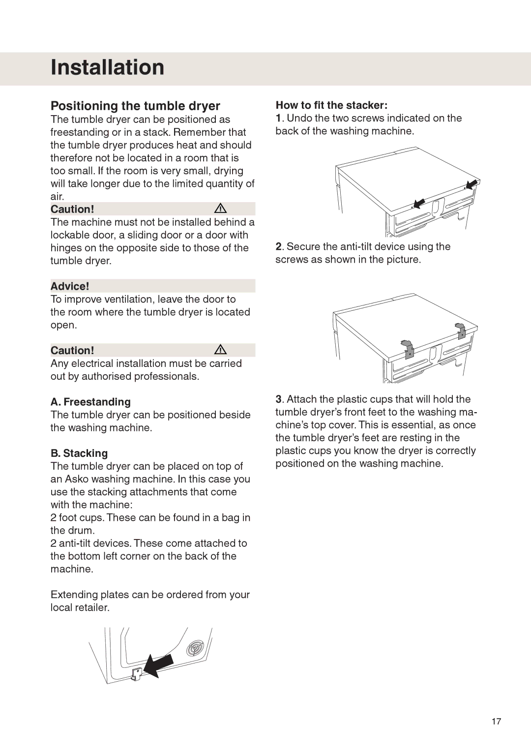 Maytag MDE9601 operating instructions Installation, Positioning the tumble dryer 