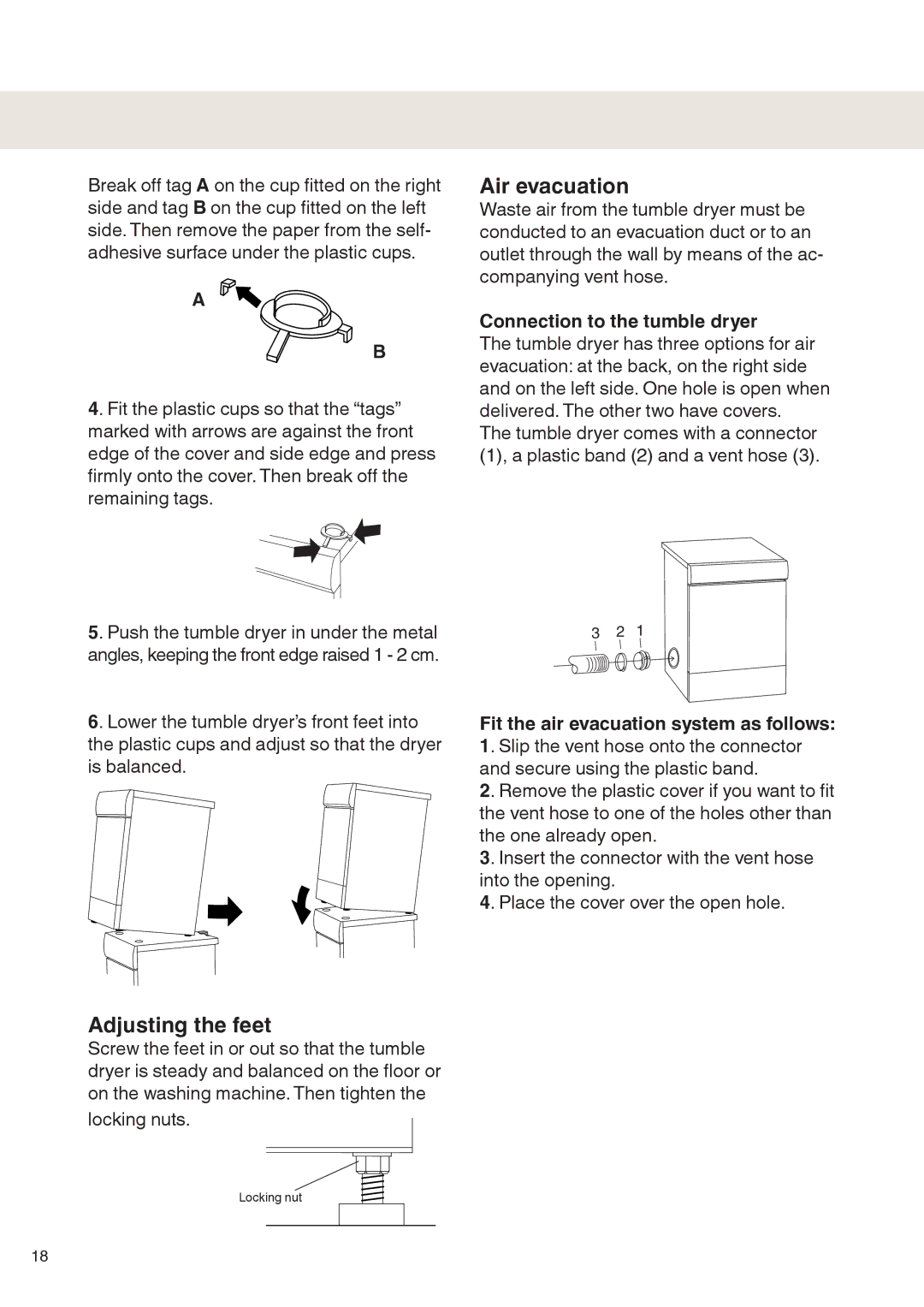 Maytag MDE9601 operating instructions Air evacuation, Adjusting the feet, Connection to the tumble dryer 