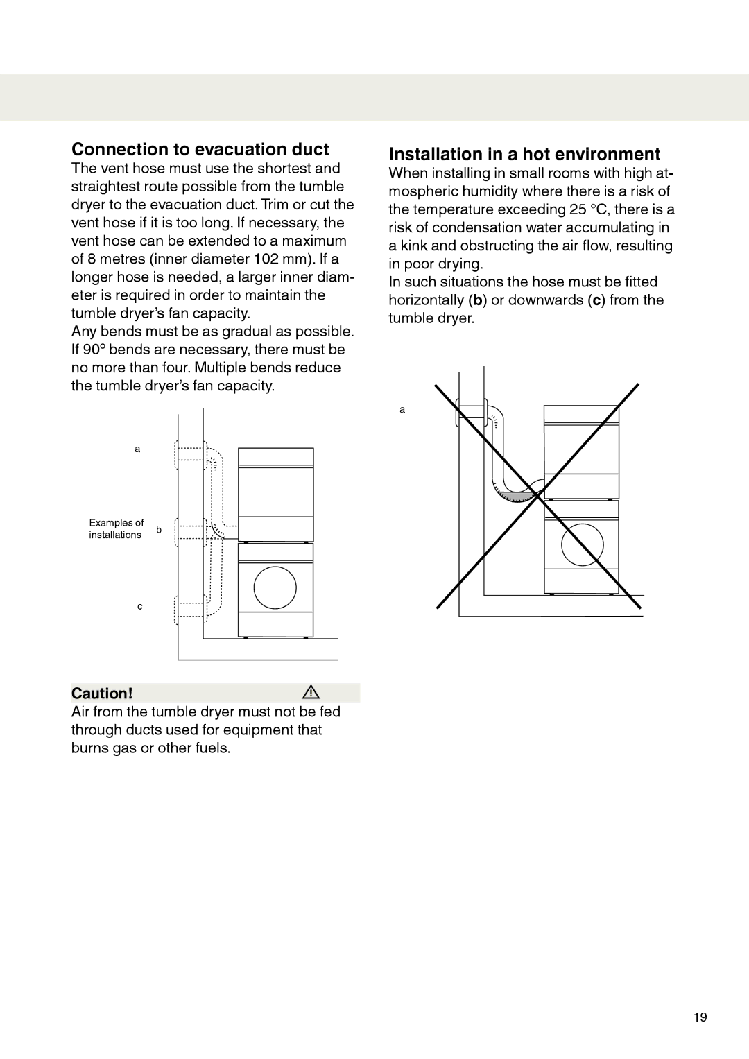 Maytag MDE9601 operating instructions Connection to evacuation duct, Installation in a hot environment 