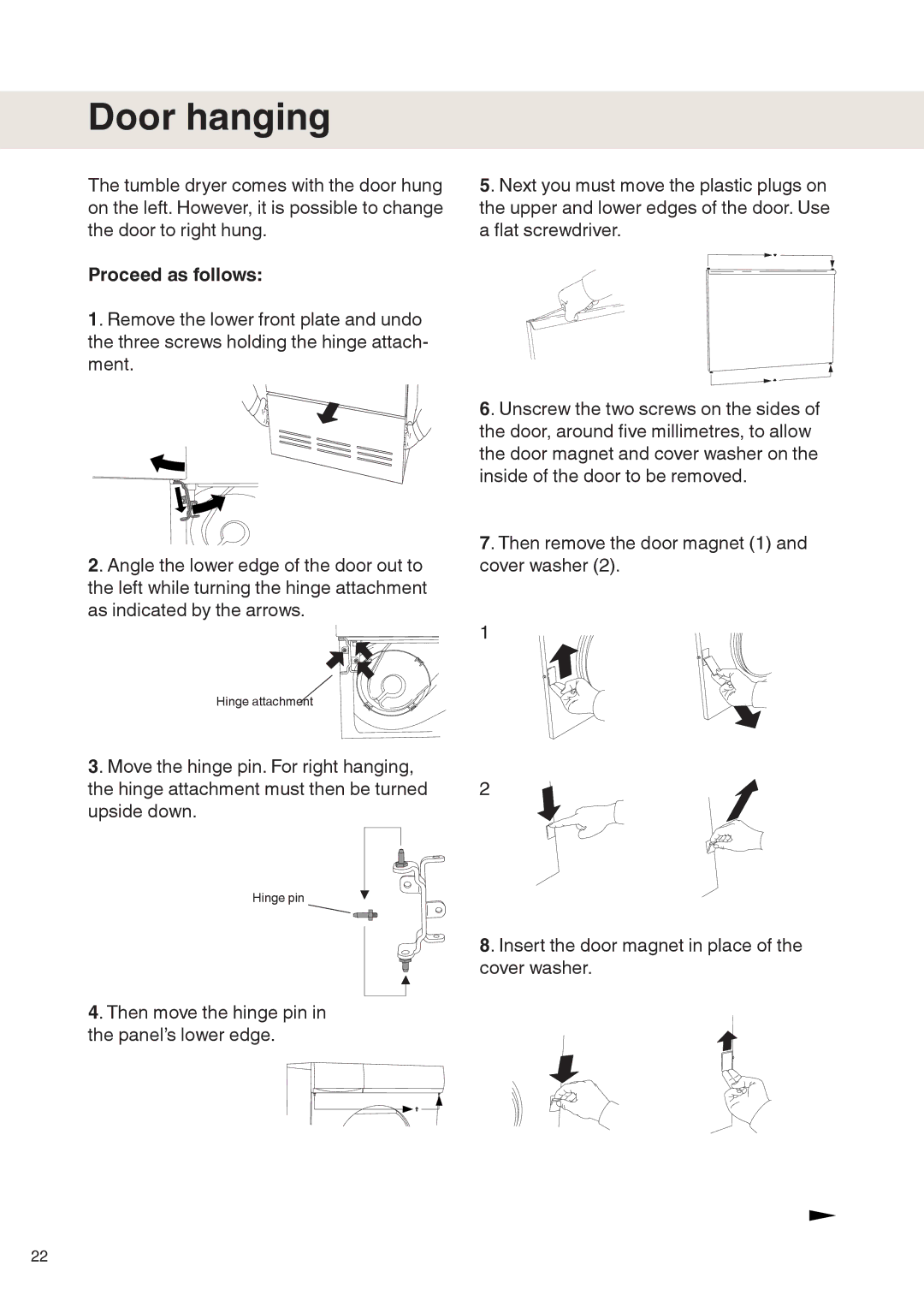 Maytag MDE9601 operating instructions Door hanging, Proceed as follows 