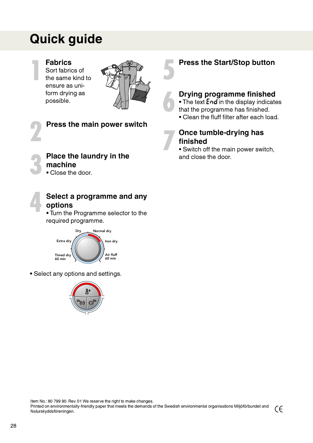 Maytag MDE9601 Quick guide, Select a programme and any options, Press the Start/Stop button Drying programme finished 