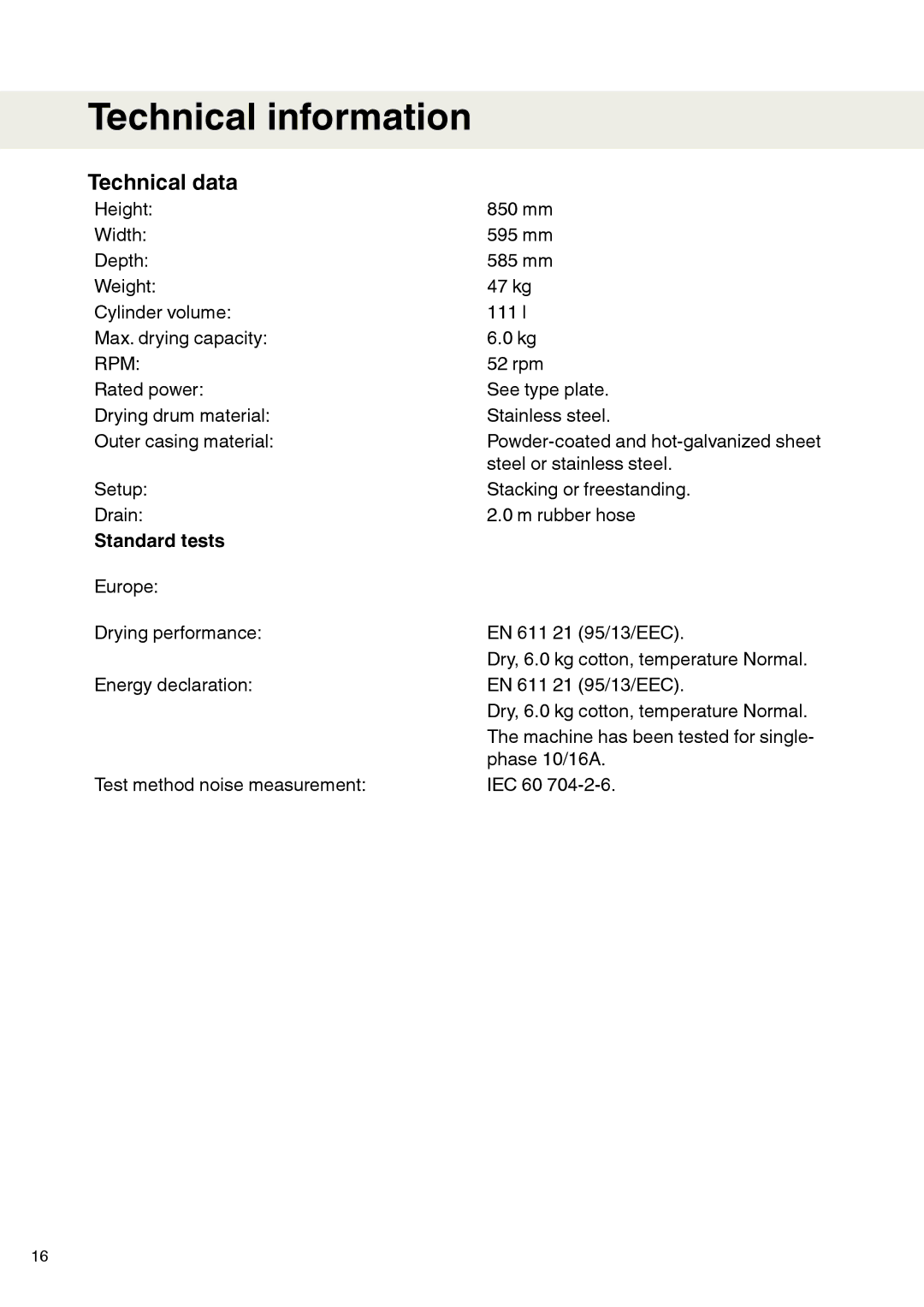 Maytag MDE9651 operating instructions Technical information, Technical data, Standard tests 