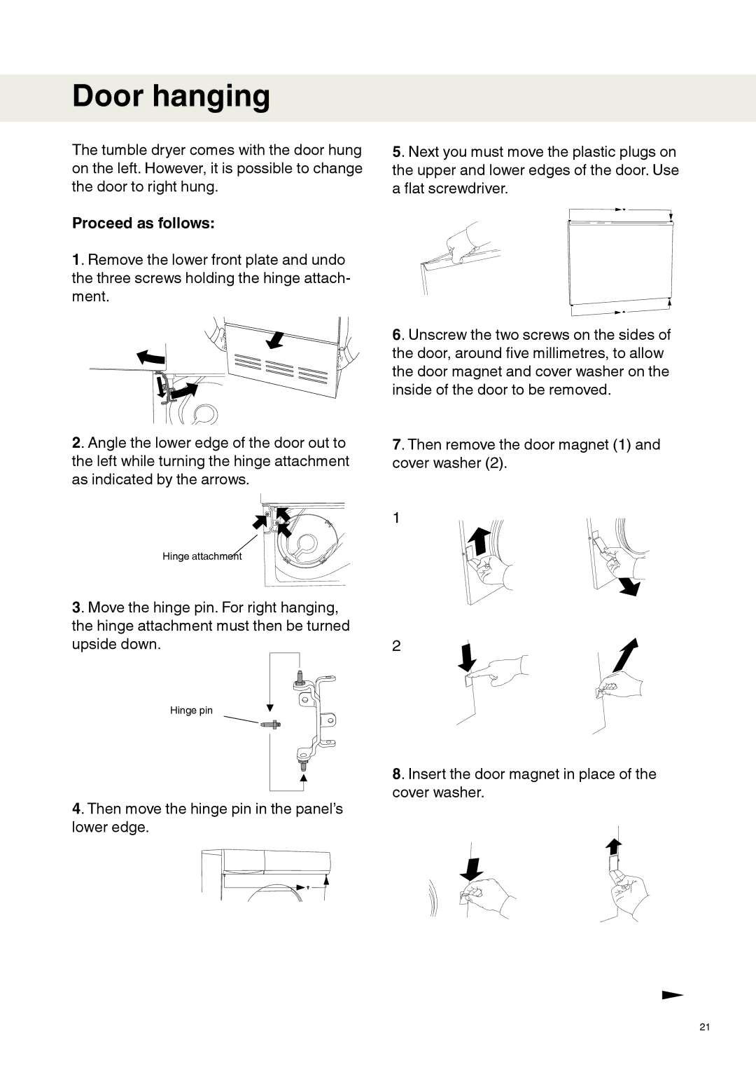 Maytag MDE9651 operating instructions Door hanging, Proceed as follows 