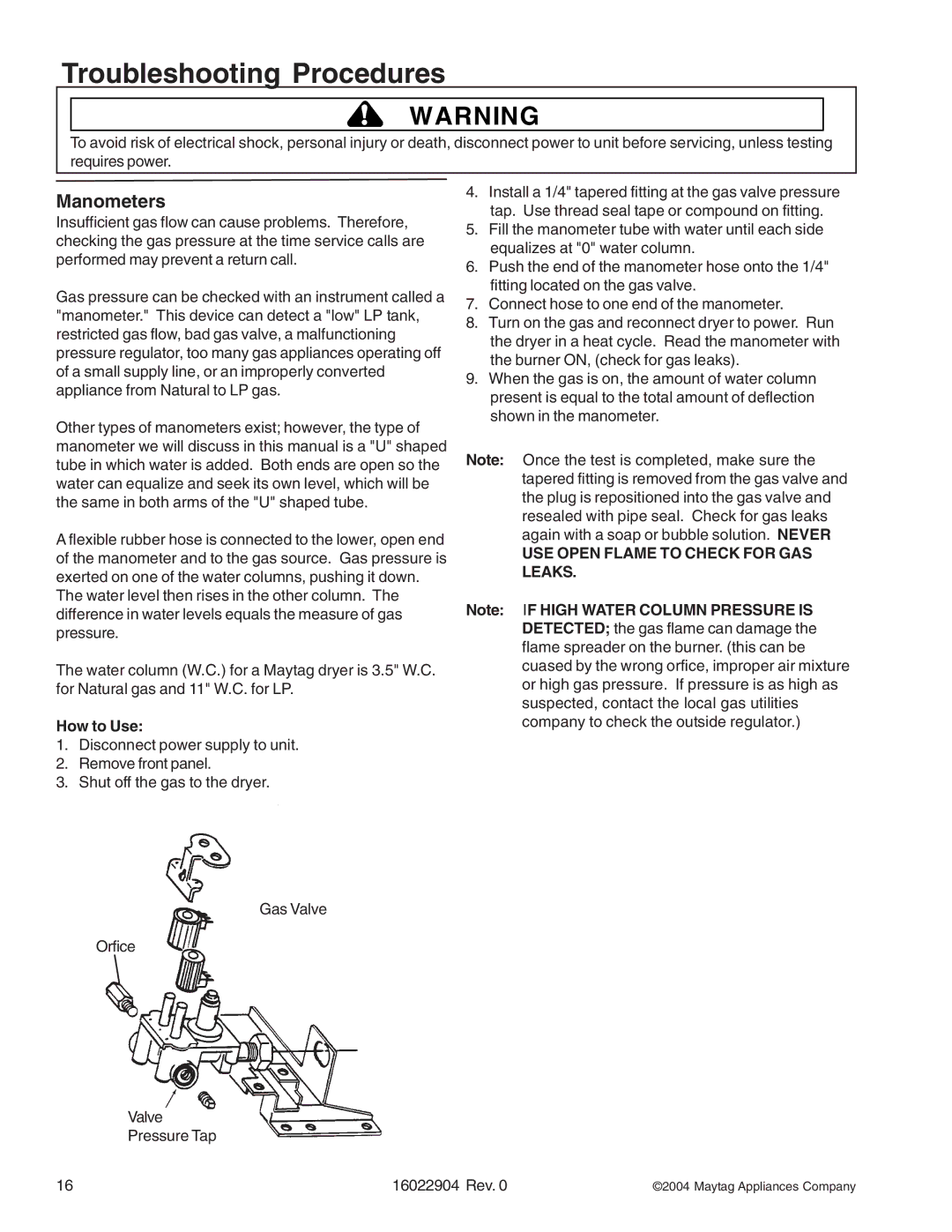 Maytag MDE/MDG21PND, MDE/MDG21PRA, MDE/MDG21PNA, MDE/MDG21PDA, MDE/MDG21PDD, MLE/MLG23PDF, MLE/MLG23PRA Manometers, How to Use 