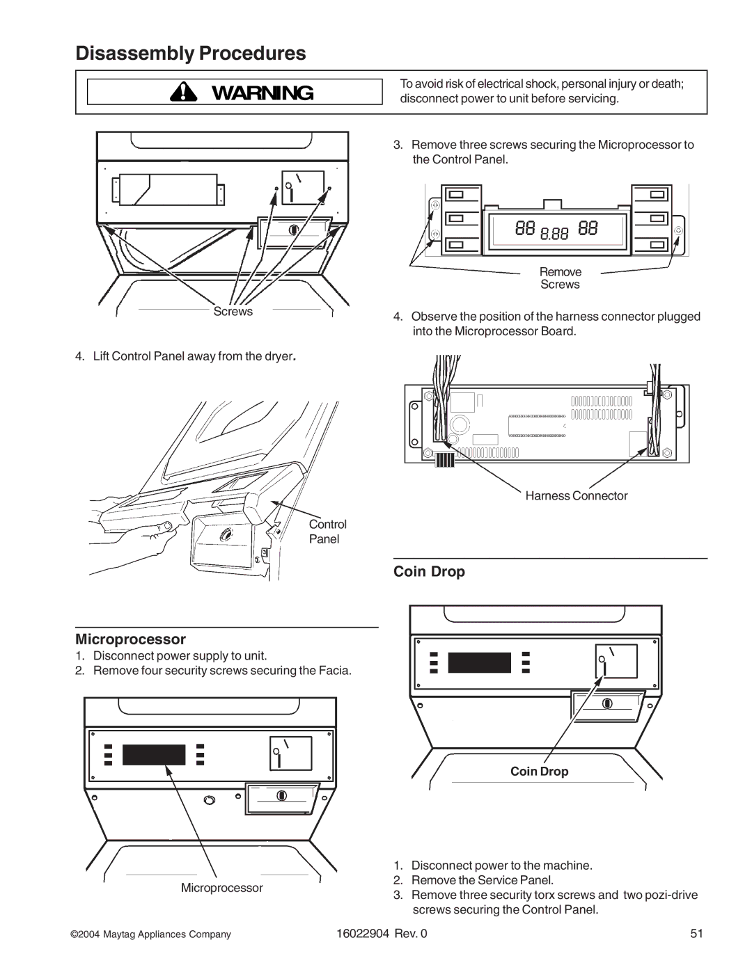 Maytag MDE/MDG21PDD, MDE/MDG21PRA, MDE/MDG21PNA, MDE/MDG21PDA, MDE/MDG21PND, MLE/MLG23PDF manual Microprocessor, Coin Drop 