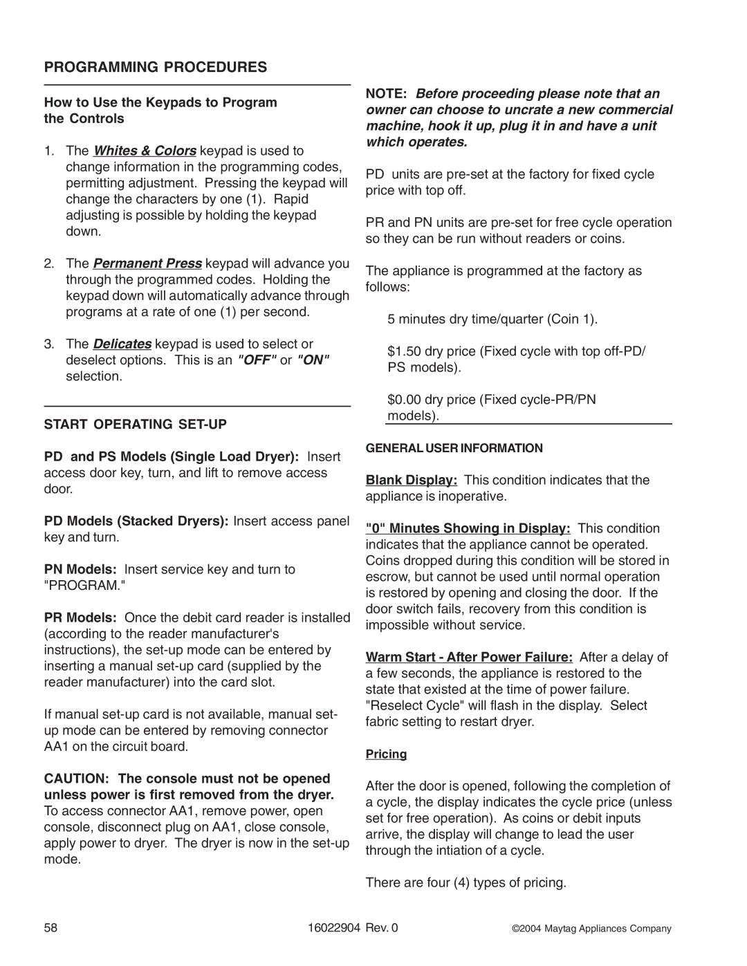 Maytag MLE/MLG23MNF, MDE/MDG21PRA, MDE/MDG21PNA, MDE/MDG21PDA, MDE/MDG21PDD, MDE/MDG21PND manual Programming Procedures, Pricing 