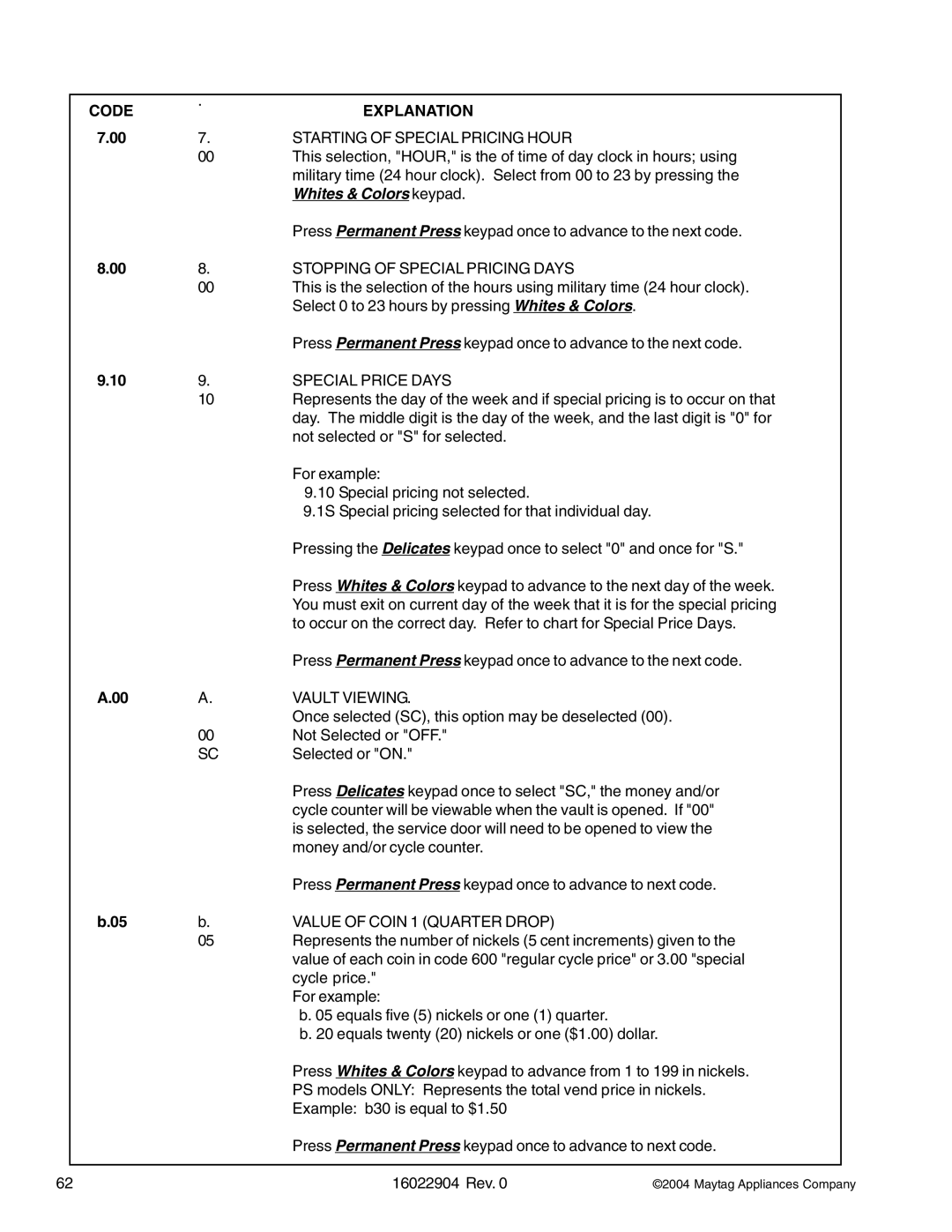 Maytag MDE/MDG21PDA, MDE/MDG21PRA, MDE/MDG21PNA, MDE/MDG21PDD, MDE/MDG21PND manual 00 7.STARTING of Special Pricing Hour 