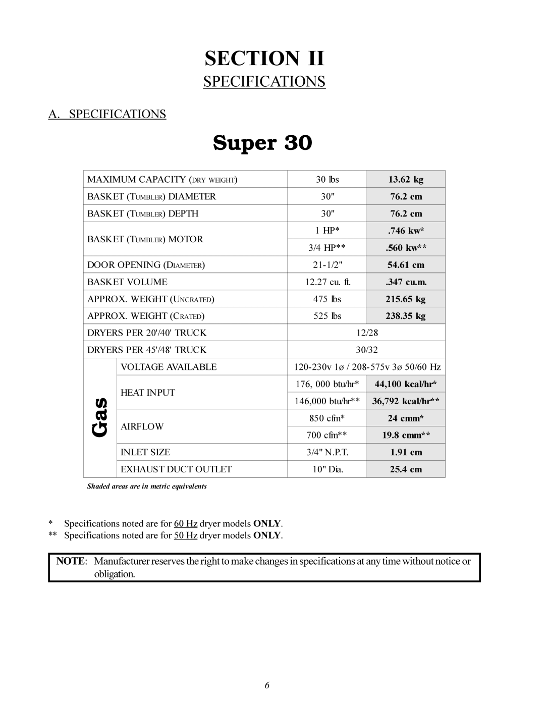 Maytag MDG-30 manual Super, Specifications 