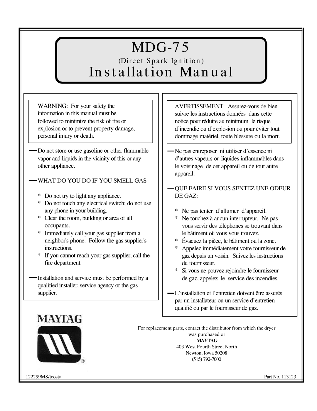 Maytag MDG-75 installation manual 