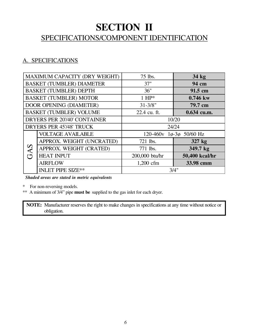 Maytag MDG-75 installation manual SPECIFICATIONS/COMPONENT Identification, Specifications 