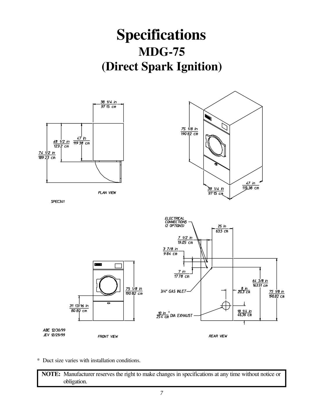 Maytag MDG-75 installation manual Specifications 