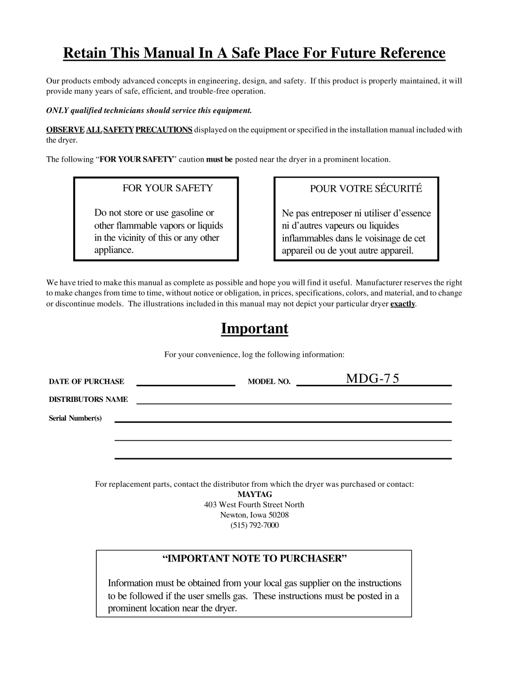 Maytag MDG-75 installation manual Retain This Manual In a Safe Place For Future Reference 