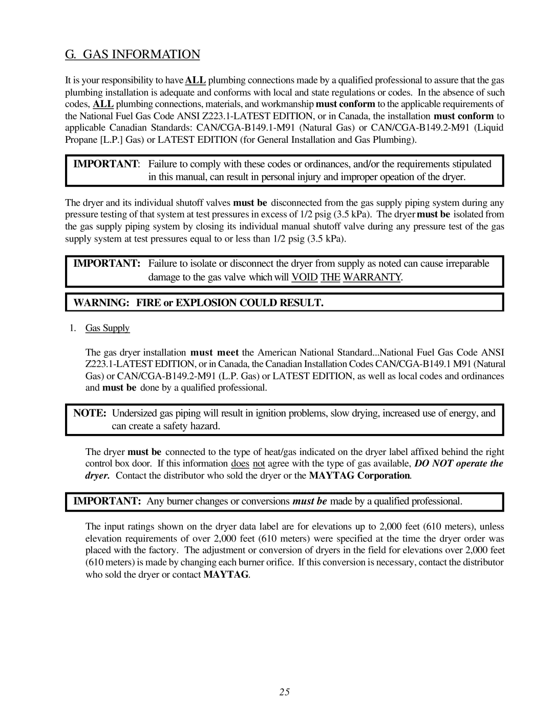 Maytag MDG-75 installation manual GAS Information 