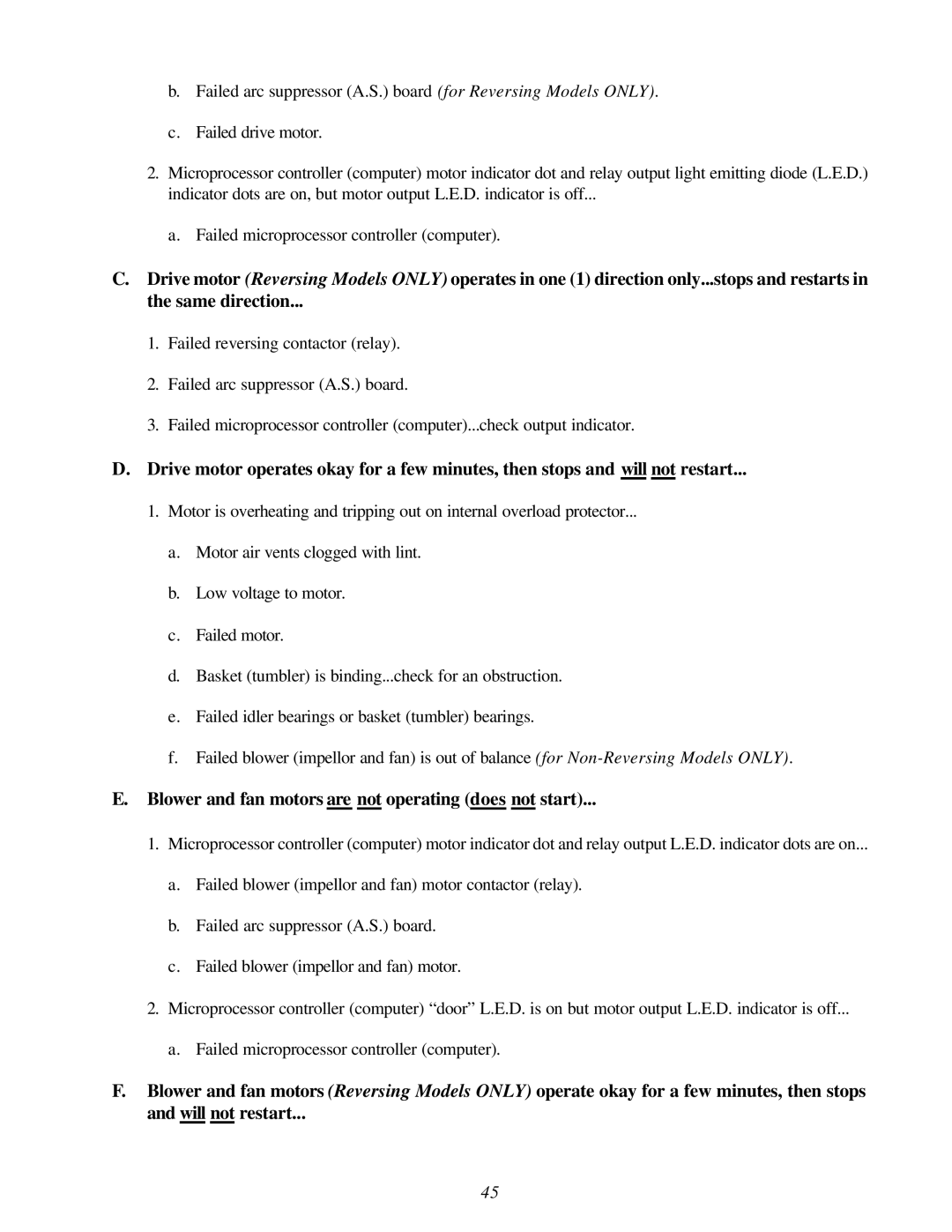 Maytag MDG-75 installation manual Blower and fan motors are not operating does not start 