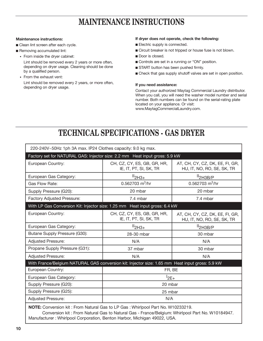 Maytag MDG17MN Maintenance Instructions, Technical Specifications GAS Dryer, Maintenance instructions 