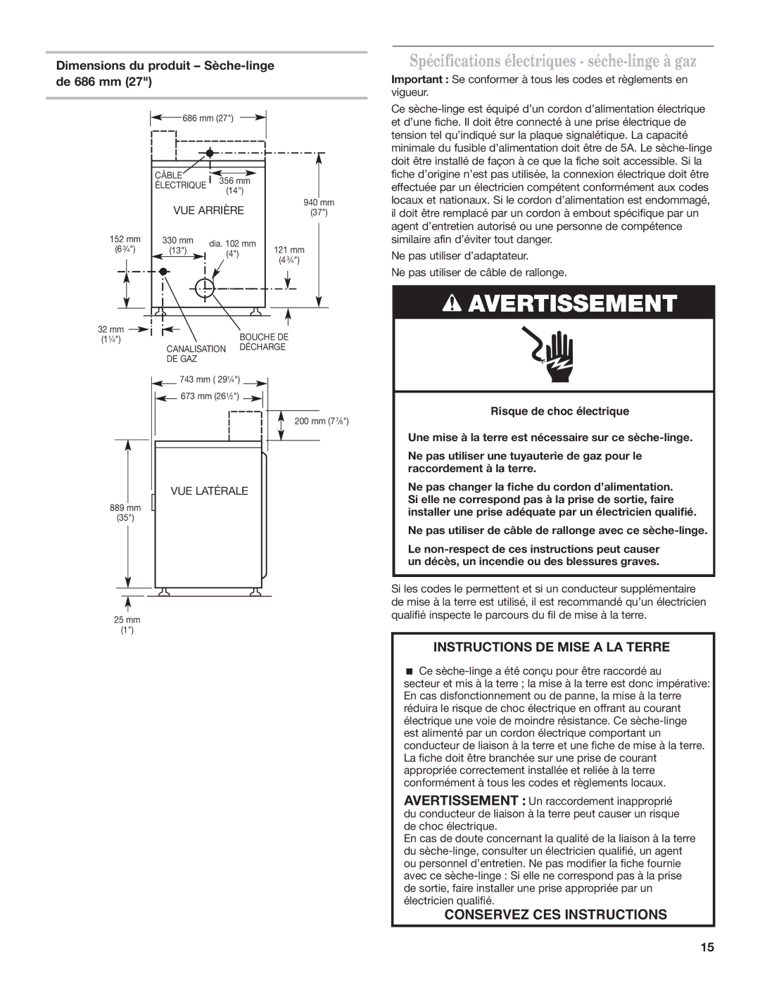 Maytag MDG17MN Spécifications électriques séche-linge à gaz, Dimensions du produit Sèche-linge de 686 mm 