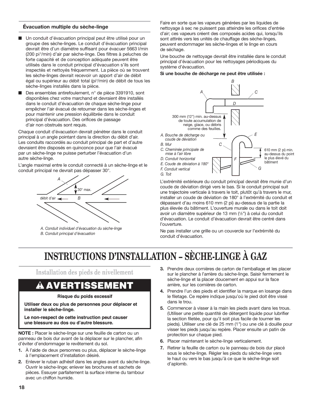 Maytag MDG17MN installation instructions Installation des pieds de nivellement, Évacuation multiple du sèche-linge 