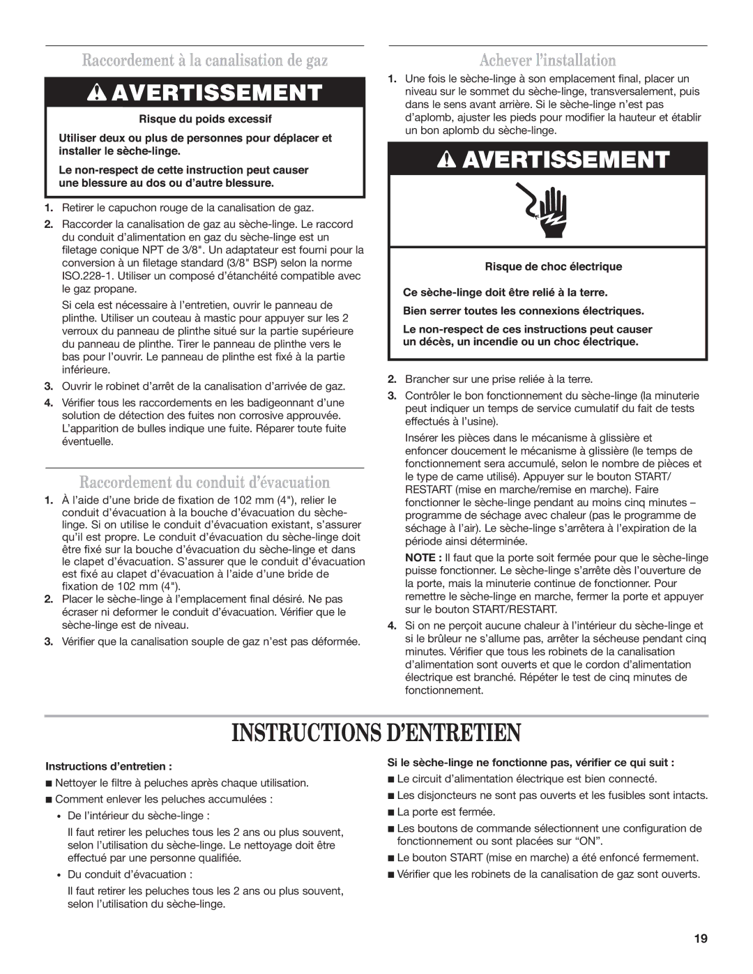 Maytag MDG17MN Instructions D’ENTRETIEN, Raccordement à la canalisation de gaz, Raccordement du conduit d’évacuation 