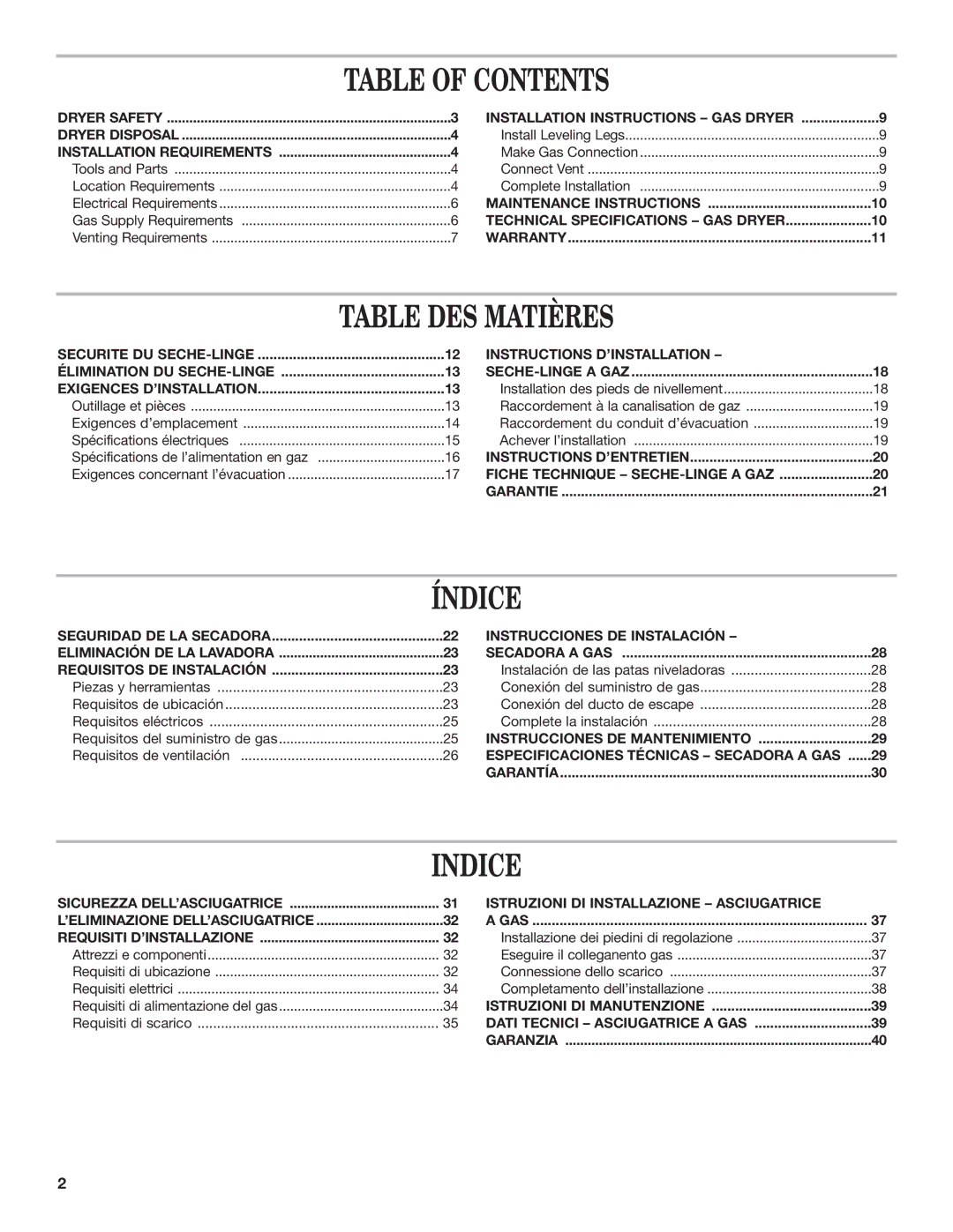 Maytag MDG17MN installation instructions Table of Contents, Table DES Matières, Índice, Indice 