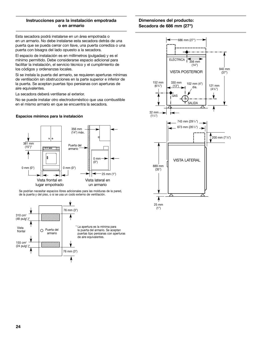 Maytag MDG17MN installation instructions Espacios mínimos para la instalación, Vista Posterior 