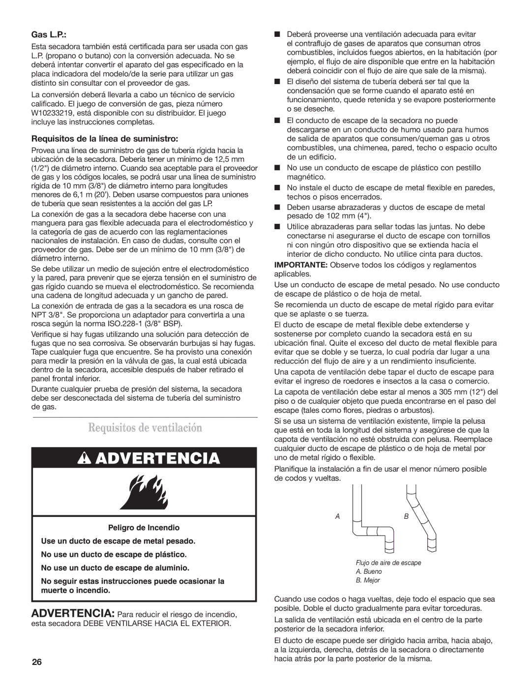 Maytag MDG17MN installation instructions Requisitos de ventilación, Gas L.P, Requisitos de la línea de suministro 