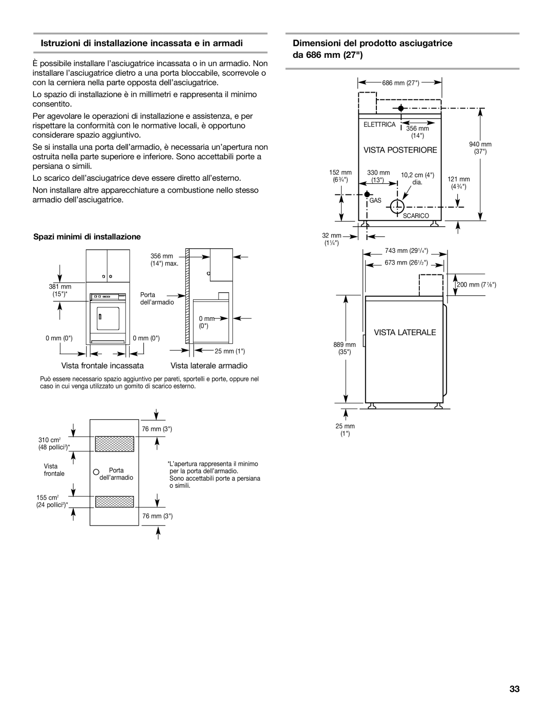 Maytag MDG17MN installation instructions Spazi minimi di installazione, Vista frontale incassata 