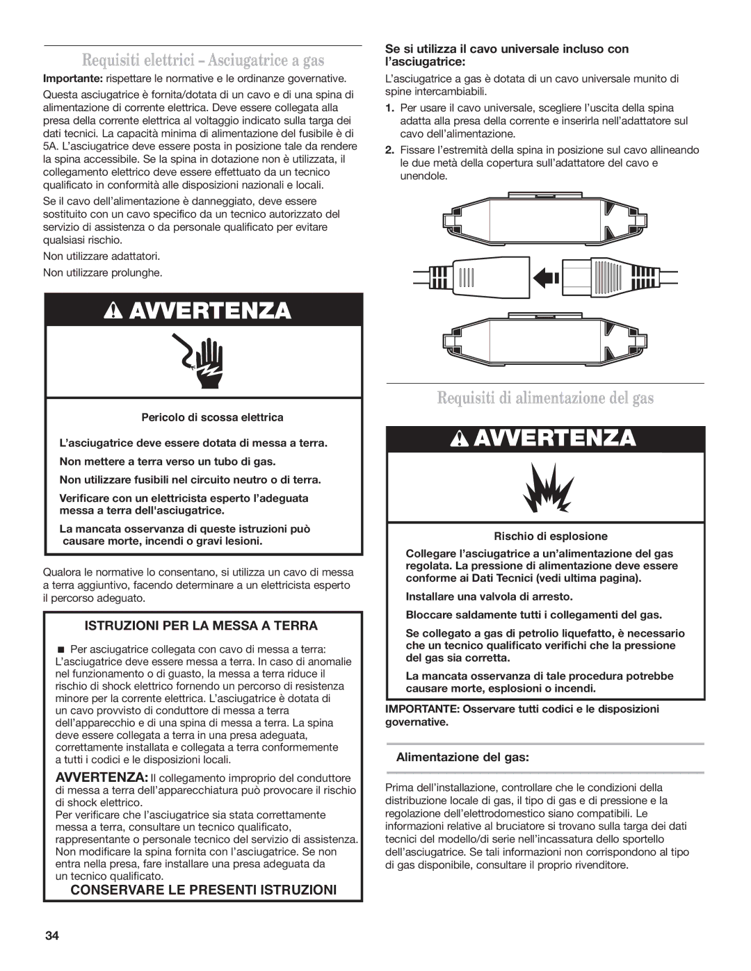 Maytag MDG17MN Requisiti elettrici Asciugatrice a gas, Requisiti di alimentazione del gas, Alimentazione del gas 