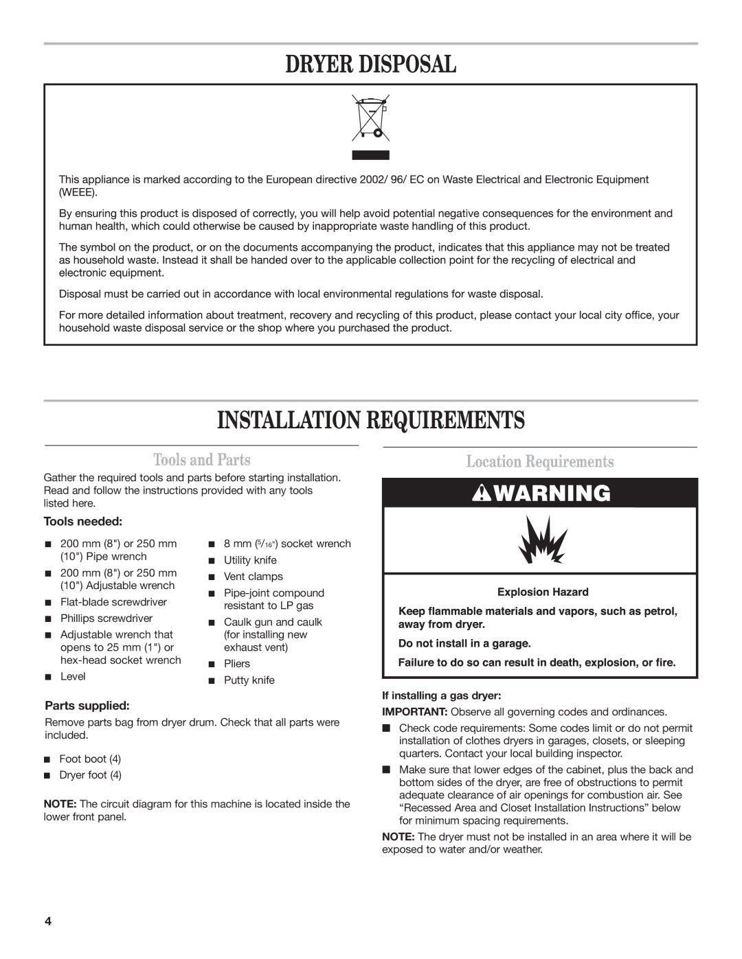 Maytag MDG17MN Dryer Disposal Installation Requirements, Tools and Parts, Location Requirements, Tools needed 