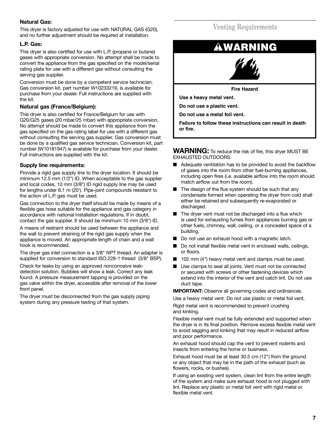 Maytag MDG17MN Venting Requirements, Natural Gas, Natural gas France/Belgium, Supply line requirements 