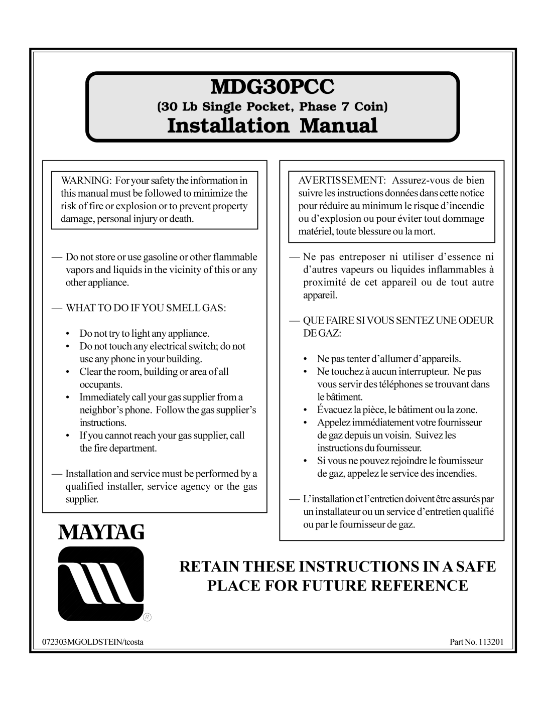 Maytag MDG30PCC installation manual 