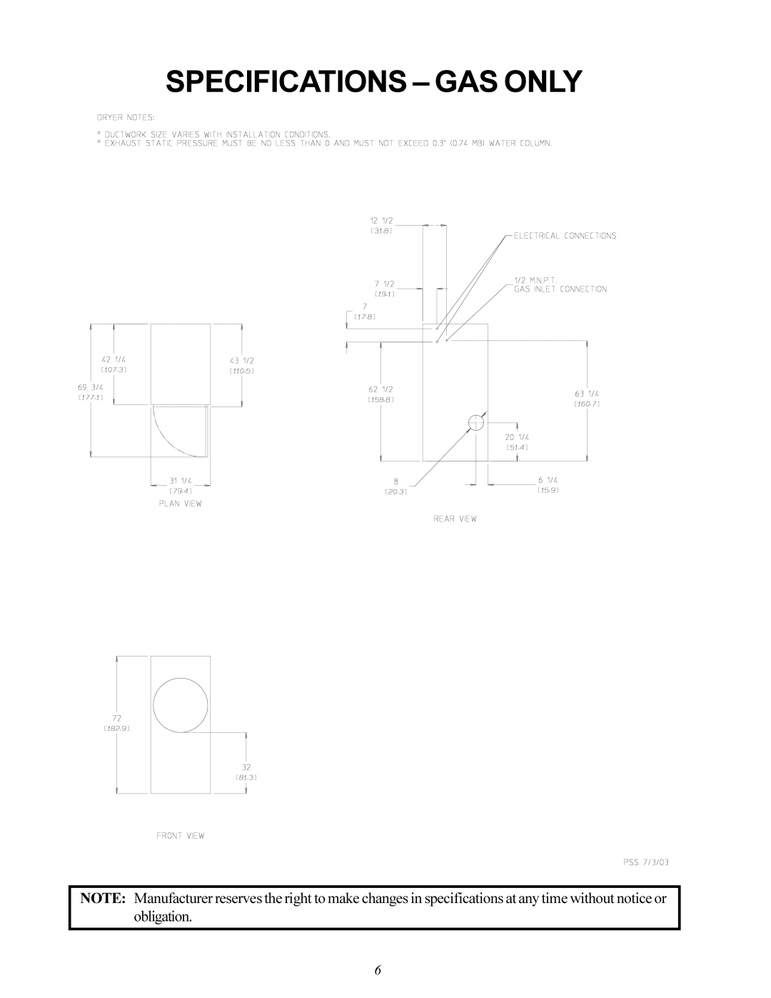 Maytag MDG30PCC installation manual Specifications GAS only 