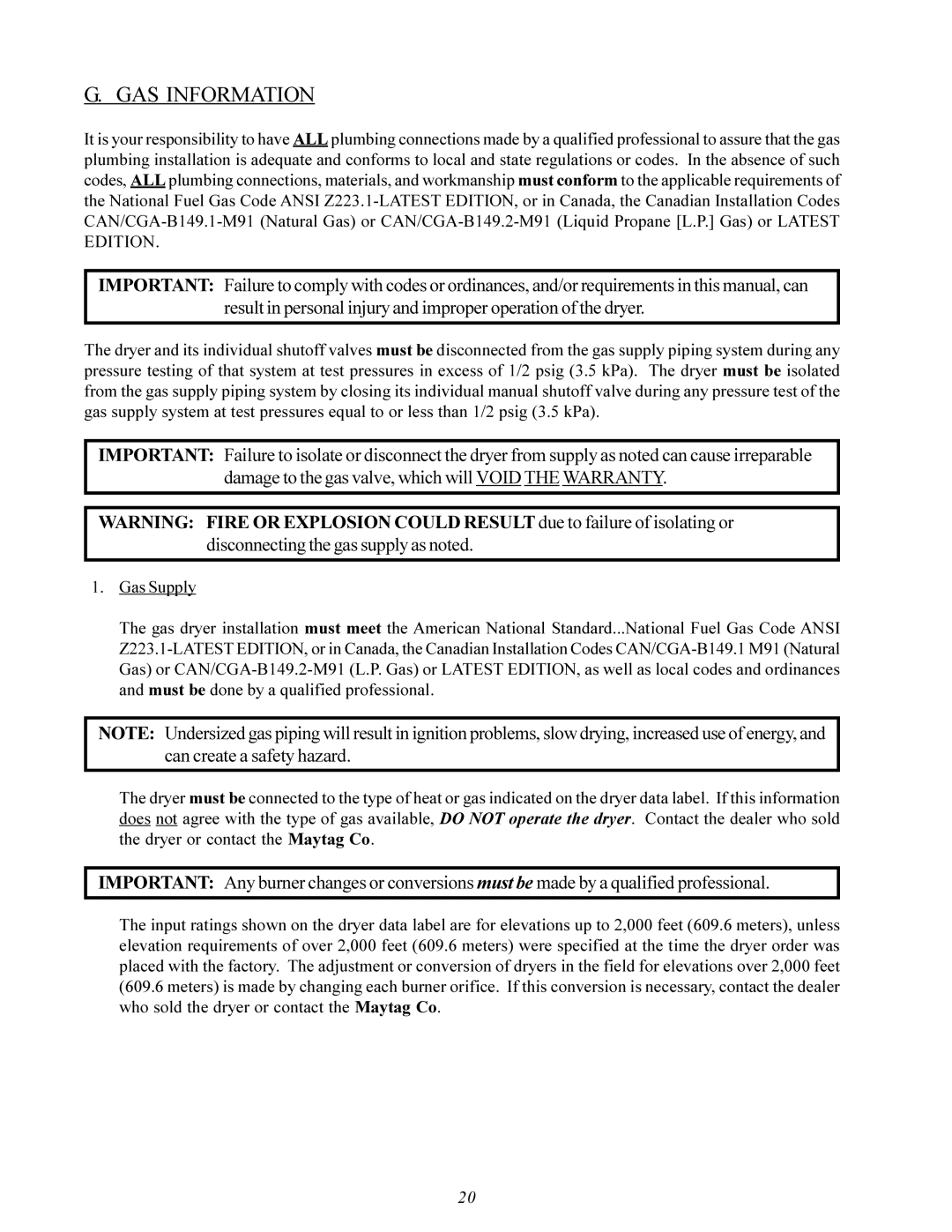 Maytag MDG30PCC installation manual GAS Information 